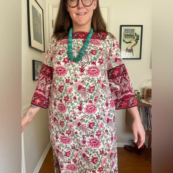 70s Vintage Ramona Rull Bird Print Mirrored Caftan - Picture 3 of 9